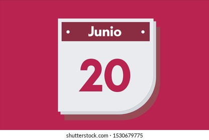 20 de Junio. Dia del mes. Calendario (June 20th. Day of month. Calendar in spanish) vector illustration icon.