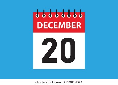20 December. 20th december  professional modern exclusive daily calendar design. Meeting schedule flat icon icon design. White and red colour  paper. White, black color text. Vector illustration eps.
