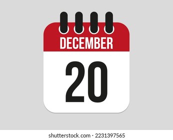 icono del calendario 20 de diciembre. Plantilla de calendario para los días de diciembre. Banner rojo para citas y negocios