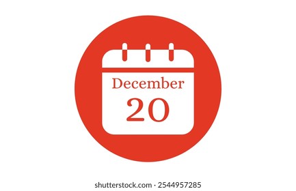 20 December calendar icon. text page monthly web design on red and white background vector, icon, or illustration with the month of December 20