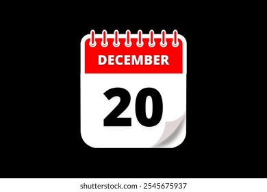 20 December calendar icon text page monthly web design on red, white and black background vector, icon, or illustration with the month of December 20