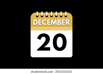 20 December calendar icon text page monthly web design on golden, black, and white background vector, icon, or illustration with the month of December 20
