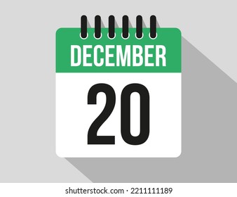 20 December calendar vector icon. Green December date for the days of the month and week