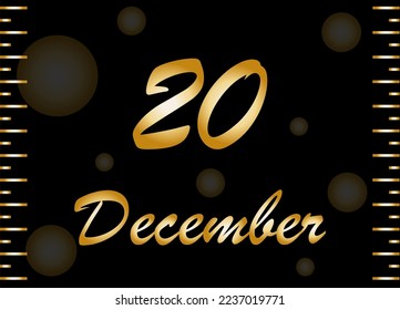 20 December gold banner. Design for December days with golden effect on black background