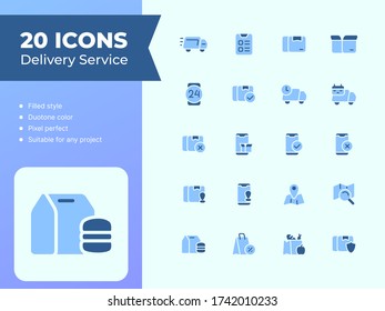 20 Delivery Service icons set with filled style duo tone blue and purple color modern flat design vector illustration