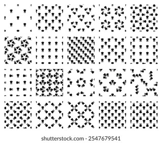 20 padrões odontológicos sem costura em um conjunto, silhuetas de dentes humanos pretos em um fundo branco