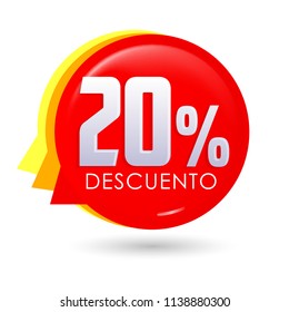 20% Descuento, 20% discount spanish text, bubble sale tag vector illustration, Offer price label.