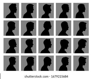 20 difference vector silhouette men avatar set, on side view, Isolate on gray square background.