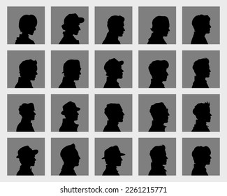 20 difference vector silhouette men avatar set, on side view, Isolate on gray square background.