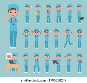20 different cartoon comic male nurse illustrations set