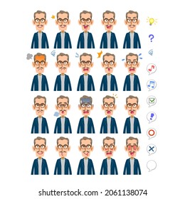 20 different facial expressions of an elderly man wearing glasses and storing a beard in casual clothes