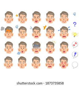20 different facial expressions of senior men