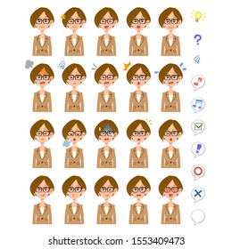 20 different facial expressions and upper body of a business woman wearing glasses