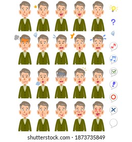 20 different facial expressions and upper body of senior men