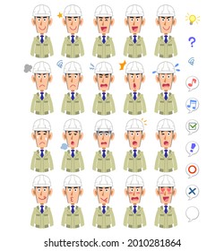 20 different facial expressions and upper body of a man wearing a helmet and work clothes