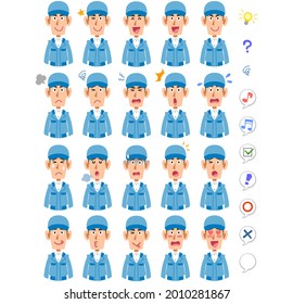 20 Different Facial Expressions And Upper Body In Blue Work Clothes