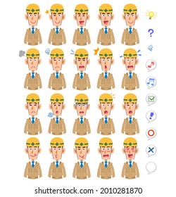 20 expresiones faciales diferentes y parte superior del cuerpo de un hombre con ropa de trabajo beige y casco