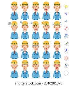 20 Different Facial Expressions And Upper Body Of Men Wearing Blue Work Clothes And Helmets