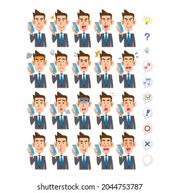 20 different facial expressions and upper body of a businessman talking on a smartphone