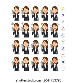 20 different facial expressions and upper body of a business woman  talks on a smartphone
