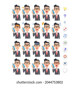 20 expresiones faciales diferentes y el cuerpo superior de un empresario con gafas que habla en un smartphone