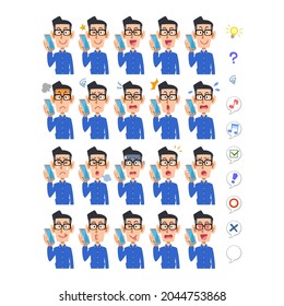 20 different facial expressions and upper body of a man wearing a shirt and glasses to talk on a smartphone