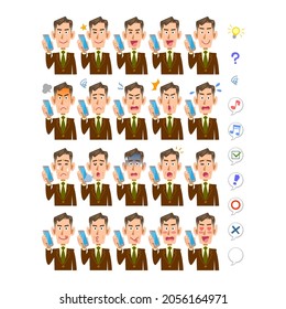 20 different facial expressions and upper body of managerial businessmen talking on smartphones