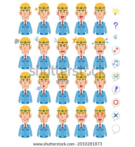 20 different facial expressions and upper body of men wearing blue work clothes and helmets