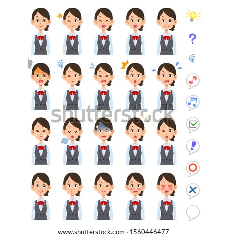 20 different facial expressions of working women in red ribbon uniforms