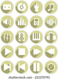20 different icons for music and audio in yellow.