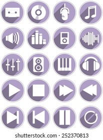 20 different icons for music and audio in purple.