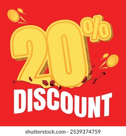 20% discount badge in gold coin style, set against a bold red background with crack and shake effects, creating an eye-catching, energetic look for promotions.