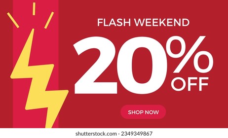 20 % discount coupon. Flash weekend. Twenty percent. Lightning. Promotion illustration. Red background.