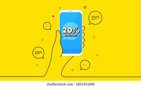 20% Discount. Hand hold phone. Yellow banner with continuous line. Sale offer price sign. Special offer symbol. Mobile phone banner. Continuous line hand. Discount bubble. Vector