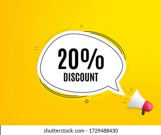 20% Discount. Megaphone banner with chat bubble. Sale offer price sign. Special offer symbol. Loudspeaker with speech bubble. Discount promotion text. Social Media banner. Vector