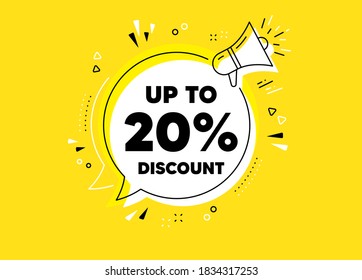 Hasta un 20% de descuento. Pancarta de vector amarillo megáfono. Señal de precio de oferta de venta. Símbolo de oferta especial. Ahorra 20 por ciento. Pensé en la burbuja del discurso con citas. Vector