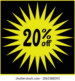 20% discount off , Black Friday, black Friday discounts, numbers with retail and store discounts, yellow icon and black background, yellow explosion icon with price reduction