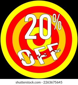 20% de descuento, objetivo en rojo y amarillo sobre fondo negro.
