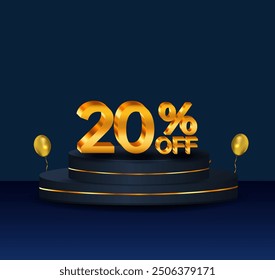 20% discount. Discount on creative composition. 3D sale symbol with decorative objects, golden confetti, podium. 20 percent. Sale banner and poster. Vector illustration.