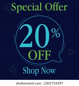 20% discount on your next purchase! Eye-catching comic book balloon image in clean colors. Perfect for promoting sales and special offers. Buy now and boost your profits!