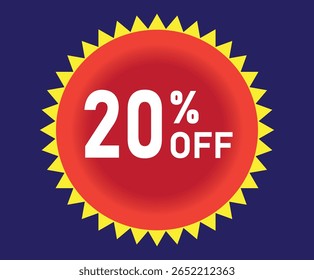 20% de desconto. Desconto em suas vendas. Porcentagem em branco dentro de um círculo vermelho com elementos gráficos amarelos ao redor. Fundo azul.