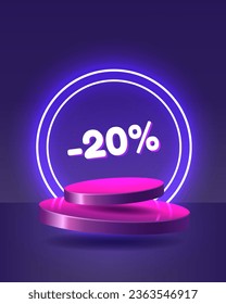 20% discount pink 3d podium floating in the air with neon rings on background. Stage podium with lighting.
