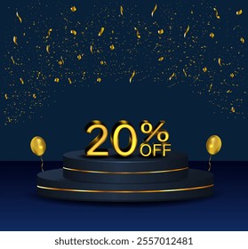 20% discount. podium with golden numbers and confetti. Discount on creative composition. Sale banner and poster. Vector illustration..