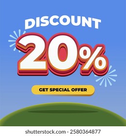 20% Discount Promotional Banner with 3D Text, Fireworks, Blue Gradient Background, and a Special Offer Button on a Green Hill with Eye catching Sale Advertisement Design