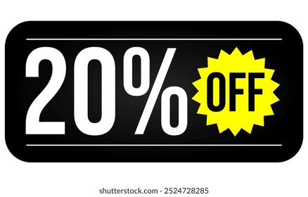 20% discount tag, black, white and yellow rectangular shape, perfect for marketing promotions, commerce and retail sales