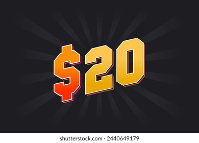 Símbolo de texto de vector de dinero americano de 20 dólares. $20 USD Dólar de los Estados Unidos vector de stock