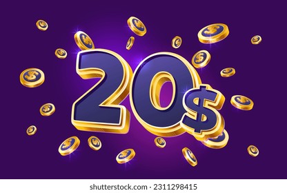 vale de regalo de cupón de 20 dólares, oferta especial de banner de devolución de efectivo, ganador del casino. Ilustración del vector