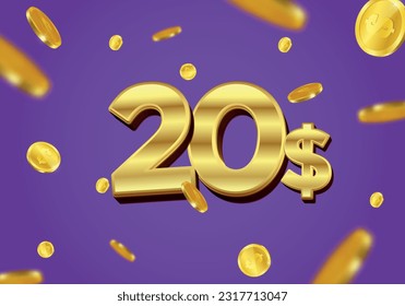 Regalo de 20 dólares u oferta afiche con monedas de oro voladoras. Billete de cupón de veinte dólares, oferta especial de banner de devolución de efectivo, ganador del casino. Ilustración vectorial.