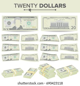 20 Dollars Banknote Vector. Cartoon US Currency. Two Sides Of Twenty American Money Bill Isolated Illustration. Cash Symbol 20 Dollars Stacks