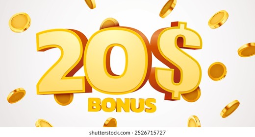 20 dollars bonus with podium and falling golden coins. Cashback or prize concept. Vector illustration